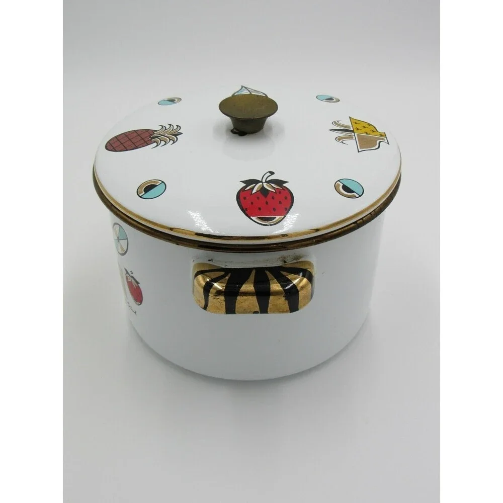 VTG MCM 2 qt Sauce Pot Georges Briard Ambrosia Pineapple Enamelware 60s Retro